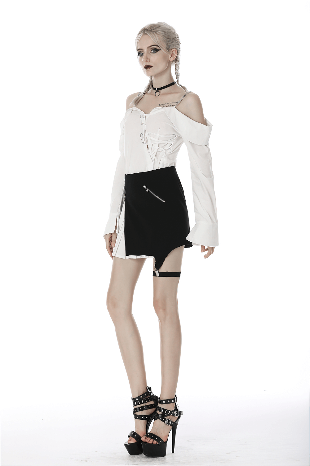 Black and White Punk Mini Skirt with Leg Loop Zipper