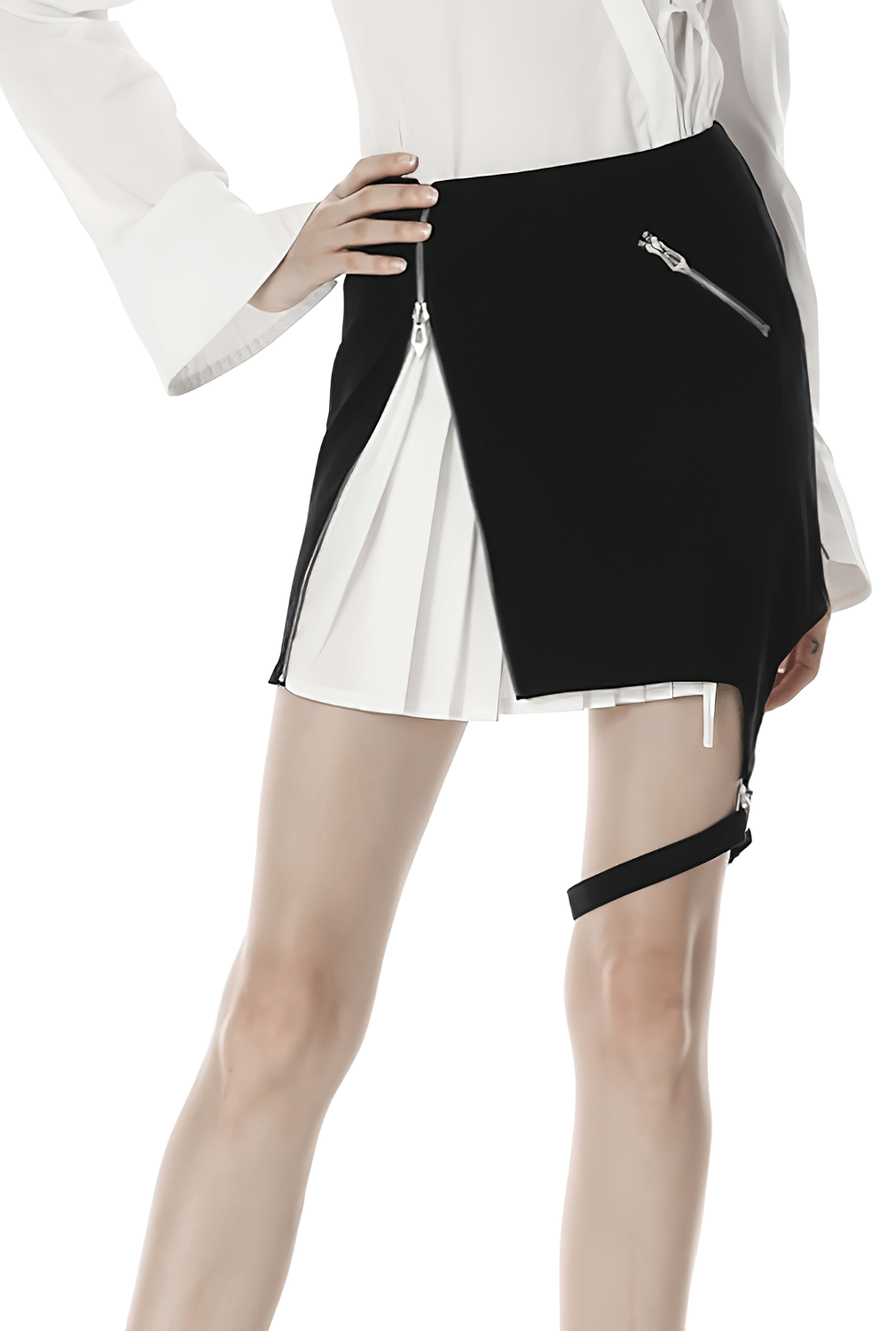 Edgy black and white punk mini skirt with pleats, side zipper, and leg loop detail, perfect for a bold fashion statement.