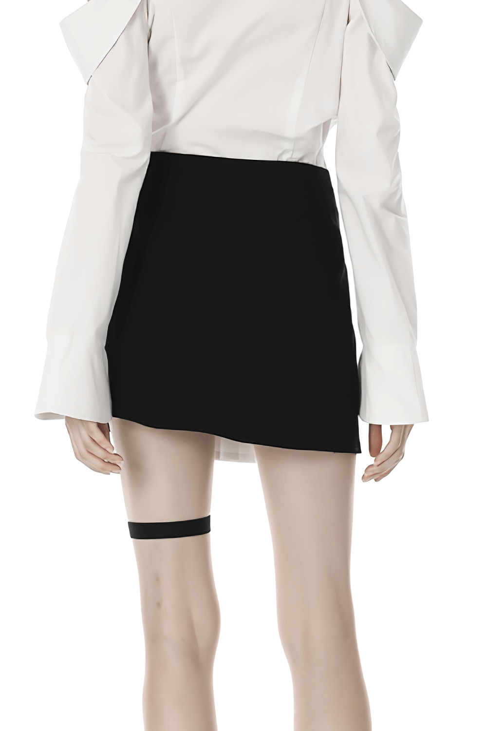 Back view of a black and white punk mini skirt with leg loop zipper detail, styled with a white blouse.