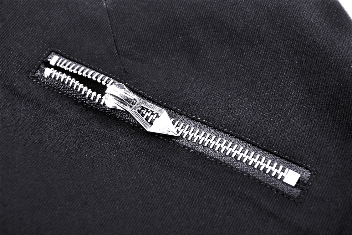 Close-up of edgy side zipper detail on a black mini skirt, showcasing punk style and rock and roll flair.