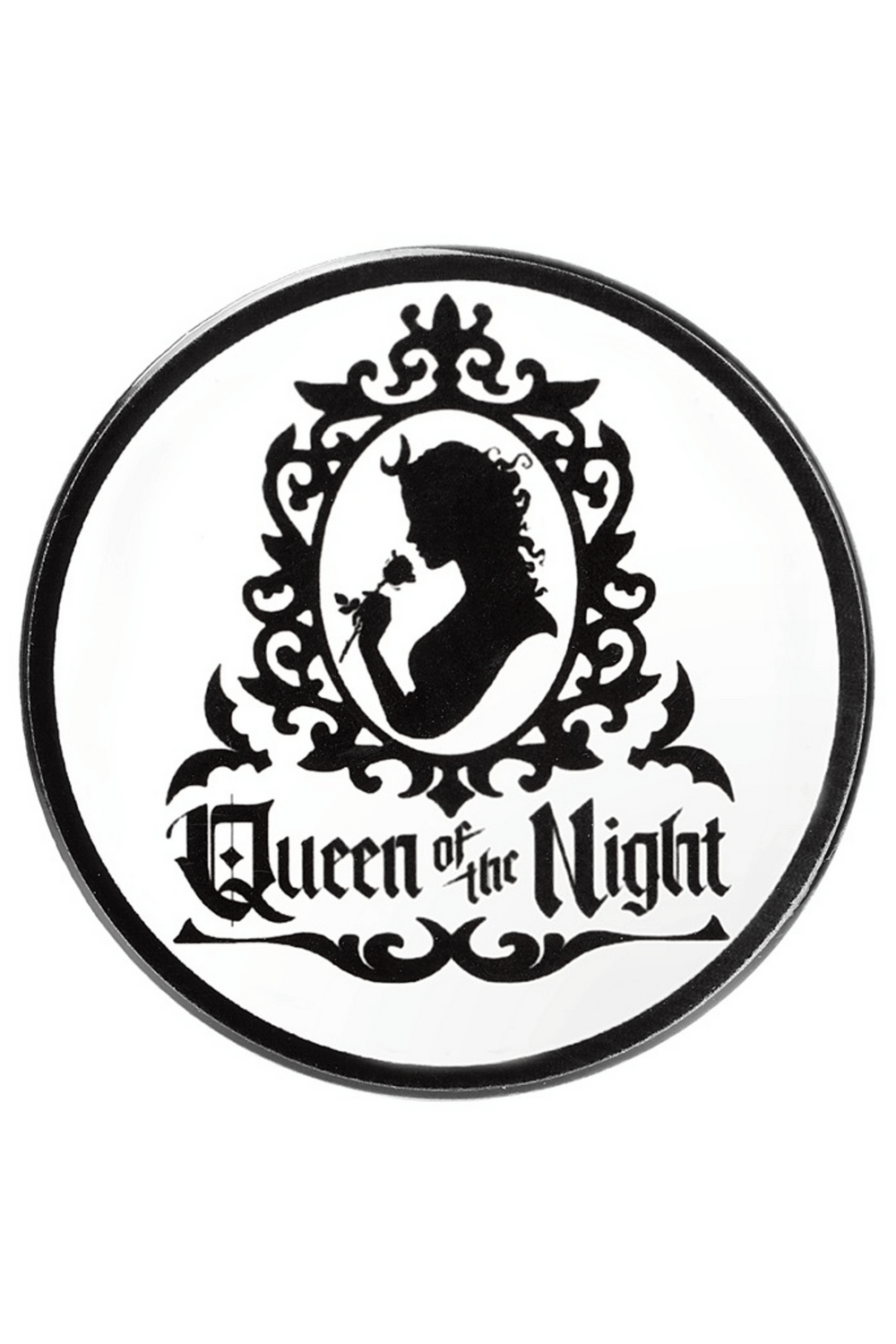 Black and white Queen of the Night coaster featuring a gothic silhouette and rose, perfect for dark decor.