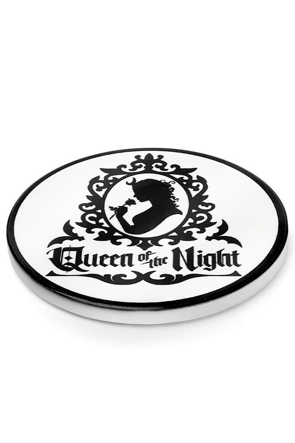Gothic black and white ceramic coaster featuring the silhouette of the Queen of the Night holding a rose.