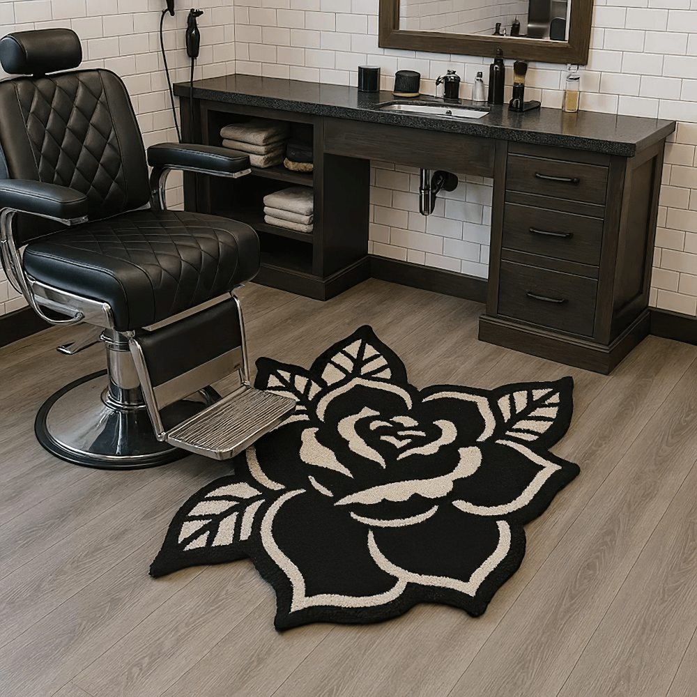 Schwarz-weißer, rosengeformter, rutschfester Teppich