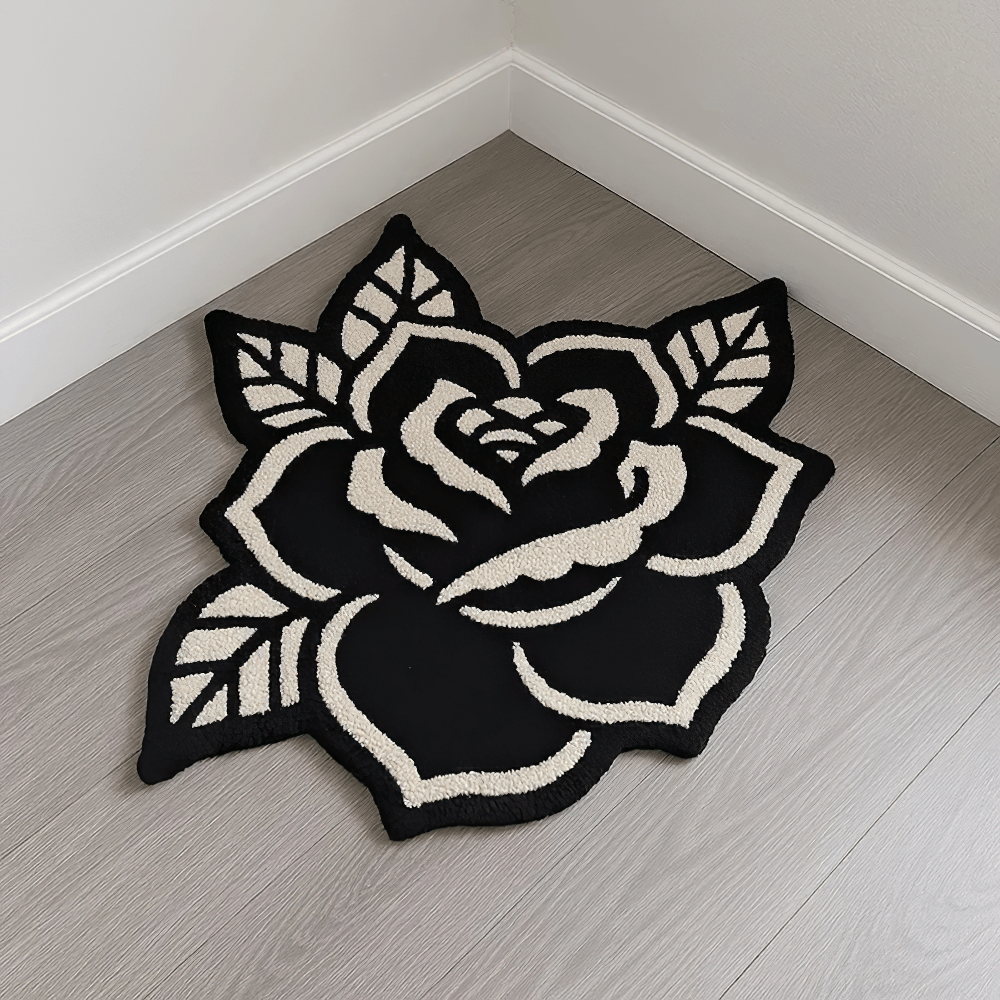 Schwarz-weißer, rosengeformter, rutschfester Teppich