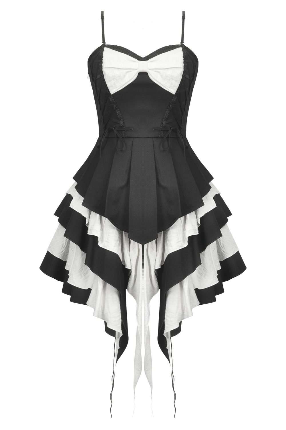Black and white Gothic dress with ruffles, lace detailing, and a chic bow, perfect for alternative fashion.