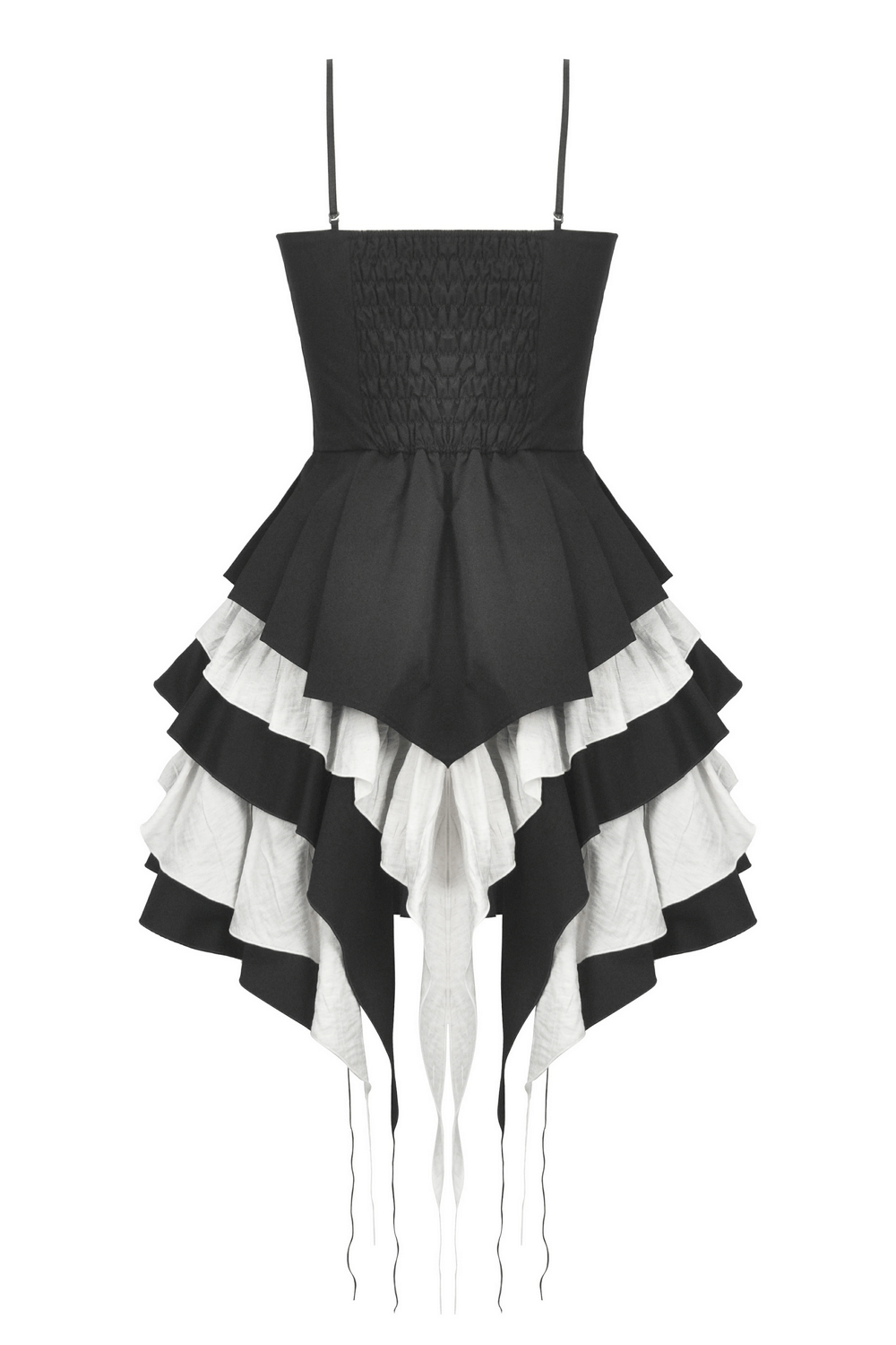 Black and white ruffled Gothic dress with lace and bow, featuring a layered design and adjustable straps.