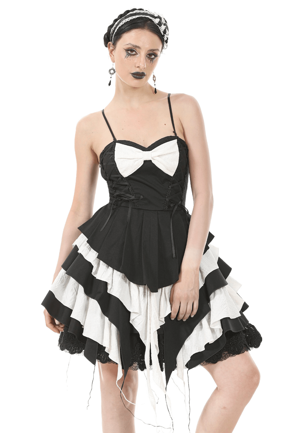 Black and white ruffled Gothic dress with lace and bow, featuring a corset-style top and adjustable straps.