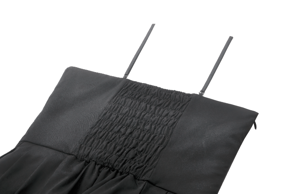 Close-up of black Gothic dress with smocked bodice and adjustable straps, perfect for alternative fashion lovers.