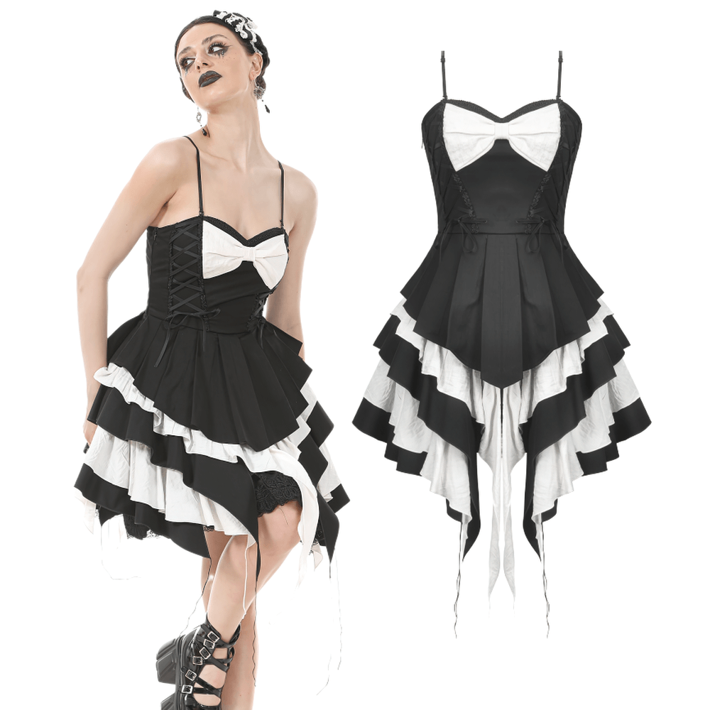 Stylish black and white ruffled Gothic dress with lace bow, perfect for alternative fashion lovers.