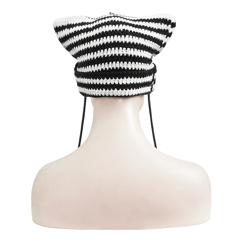 Black and White Striped Crochet Beanie / Gothic Warm Hat with Metal Embellishments - HARD'N'HEAVY