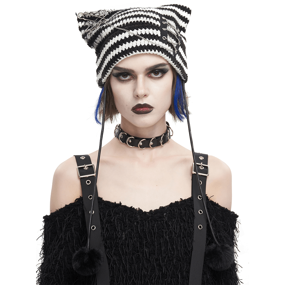 Black and White Striped Crochet Beanie / Gothic Warm Hat with Metal Embellishments - HARD'N'HEAVY