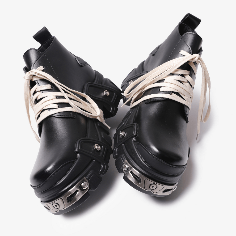 Black Ankle Boots with Chunky Tread Soles for Women, black lace-up boots with cream laces and metallic bolt accents