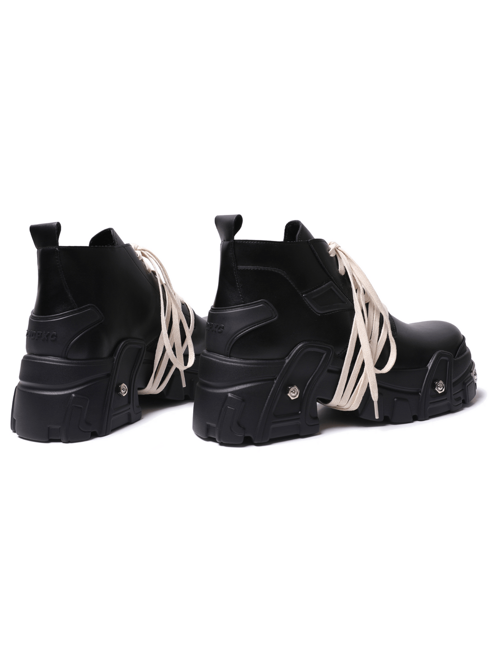 Black Ankle Boots with Chunky Tread Soles for Women, black lace-up boots with cream laces and bold geometric heels
