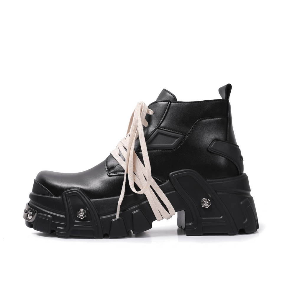 Black Ankle Boots with Chunky Tread Soles for Women, black lace-up boot with cream laces and geometric heel detail