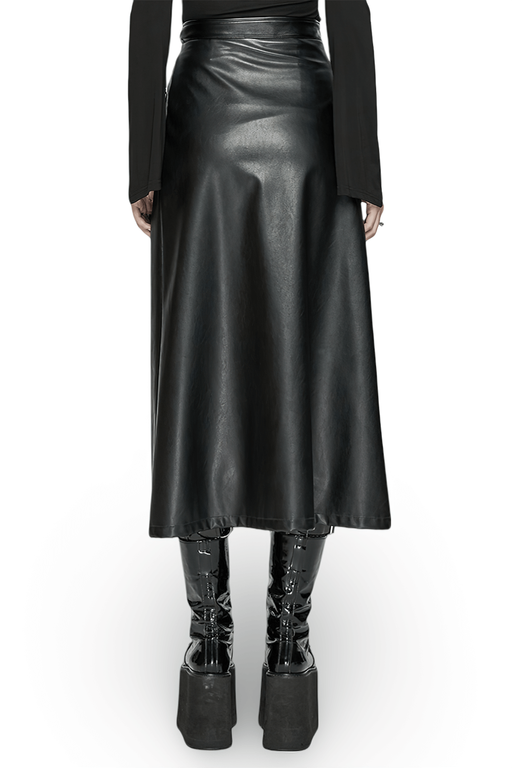 Back view of a black artificial leather maxi skirt with eyelet details and diagonal slit, showcasing a punk style.