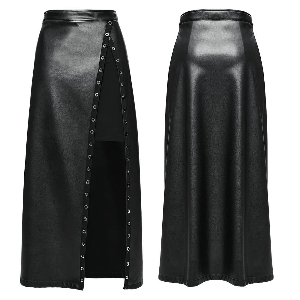 Black artificial leather maxi skirt featuring a diagonal slit and bold metal eyelet details.