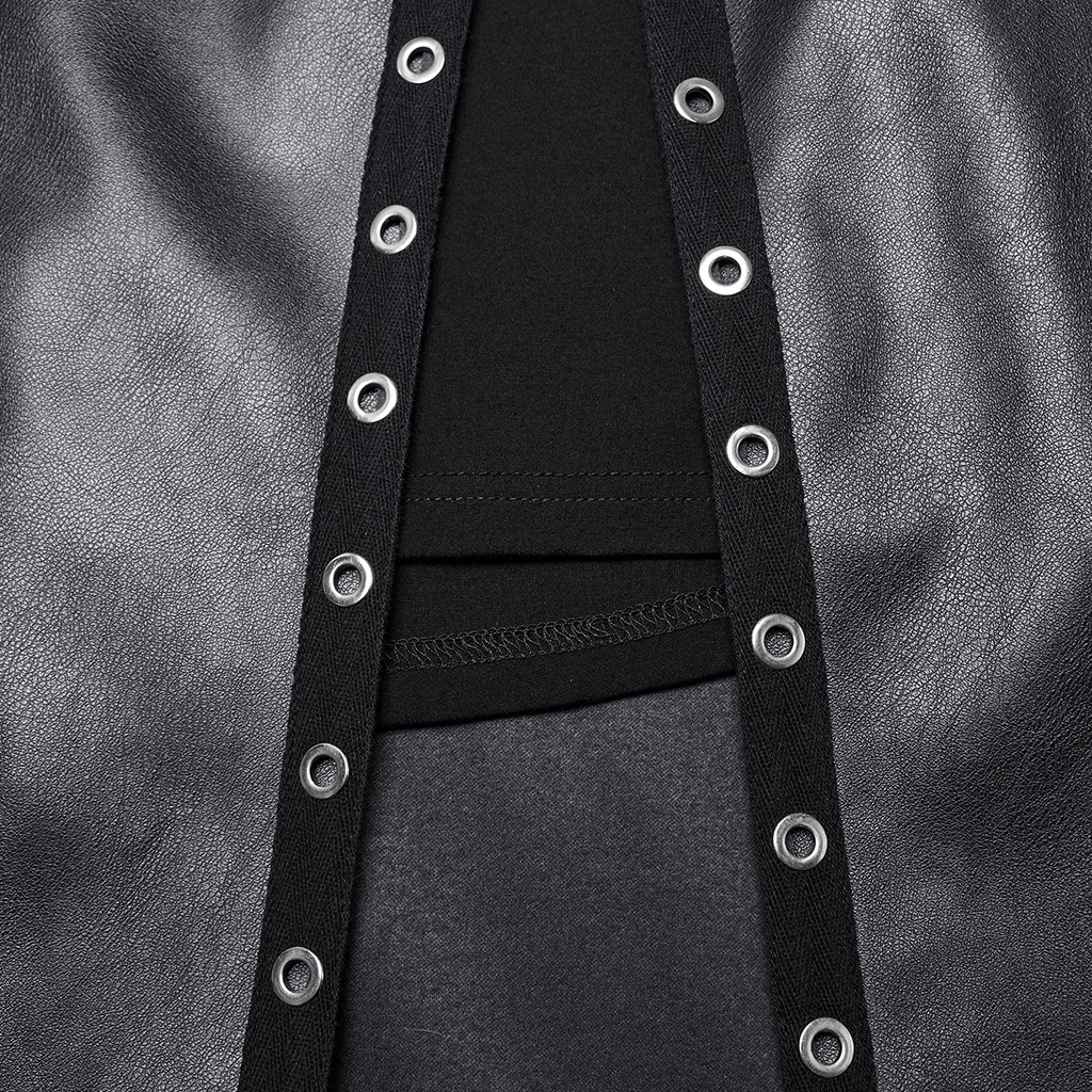 Close-up of black artificial leather with metal eyelet details and a smooth fabric interior.