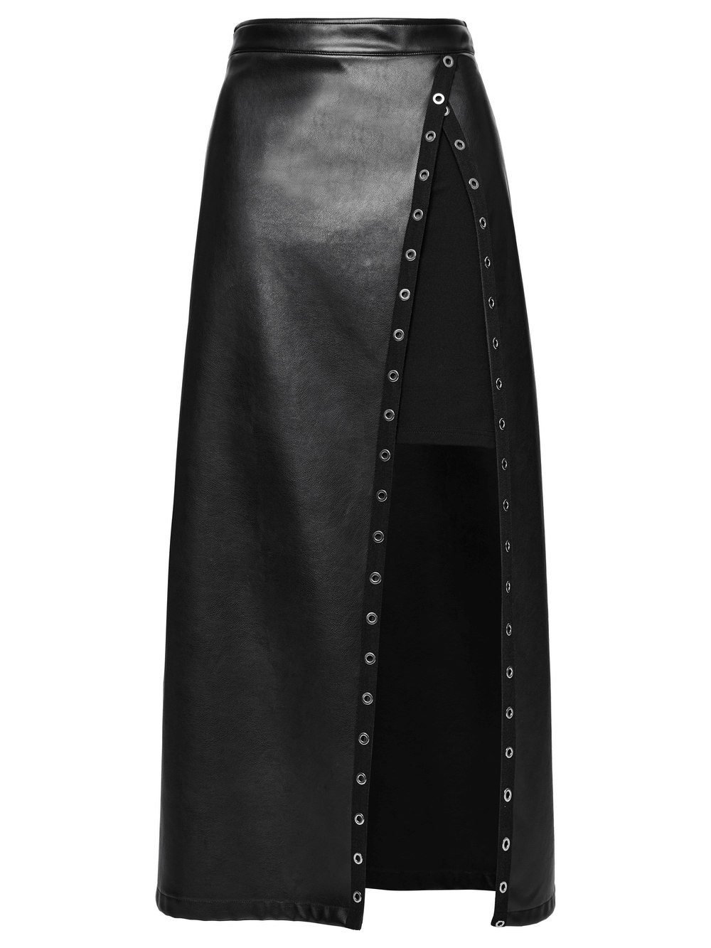 Black artificial leather maxi skirt with eyelet detailing and diagonal slit.
