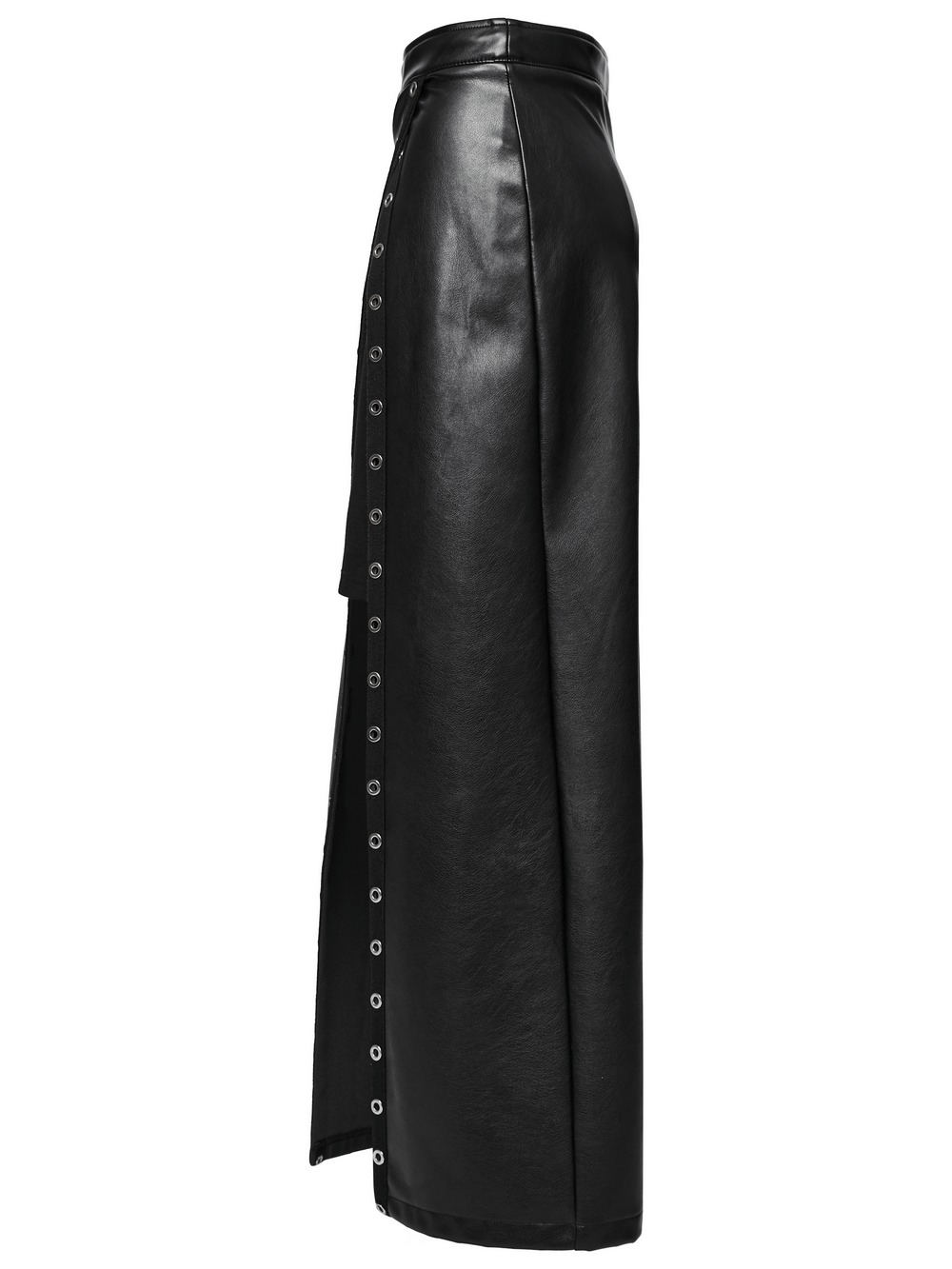 Black artificial leather maxi skirt with diagonal slit and eyelet details, perfect for punk fashion.