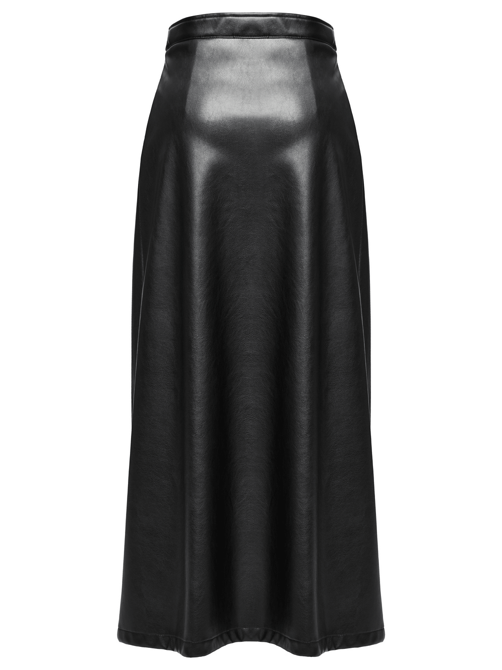 Stylish black artificial leather maxi skirt with sleek design and a flared silhouette.