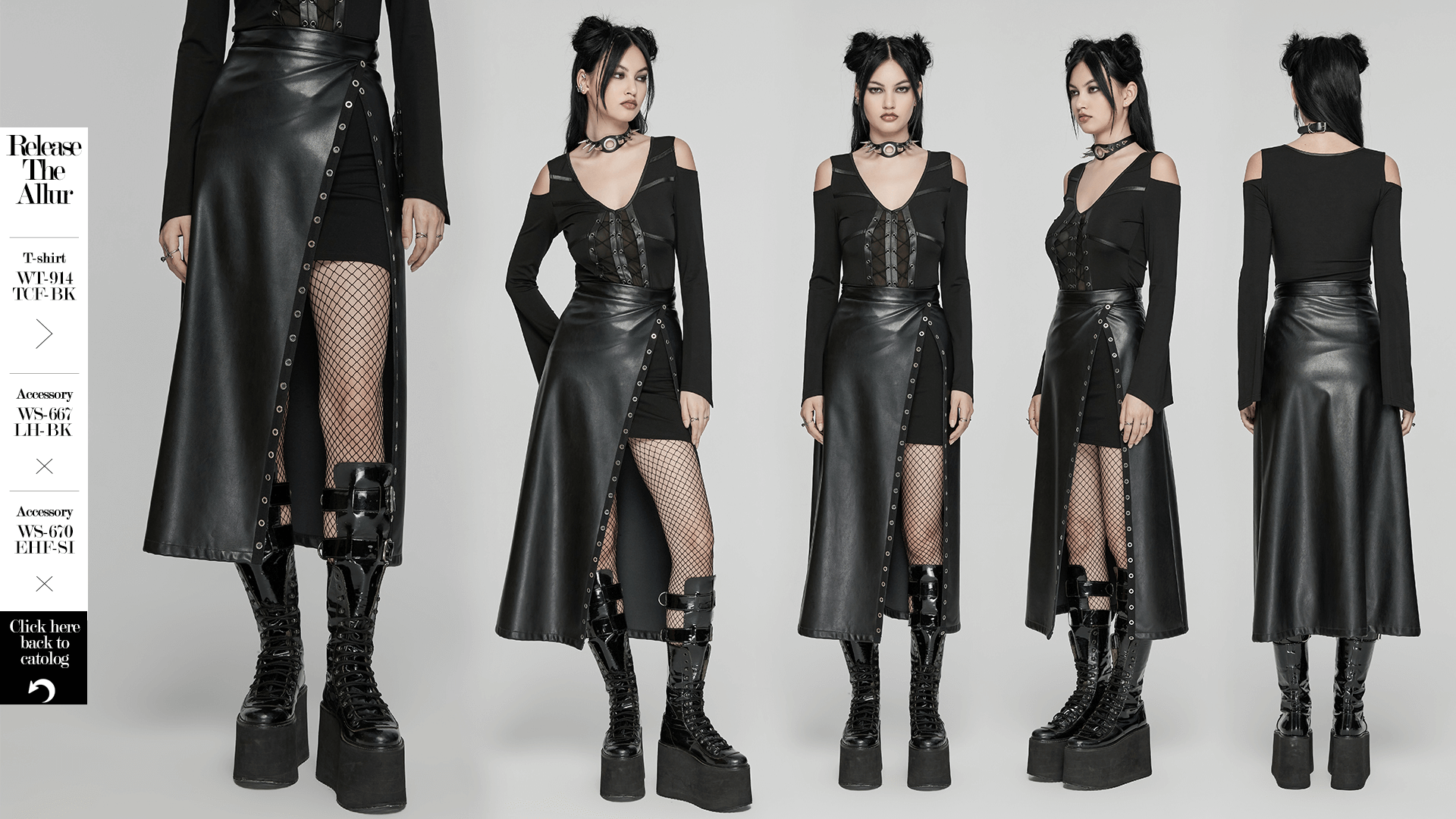 Black artificial leather maxi skirt with eyelet details and diagonal slit for a bold punk look.