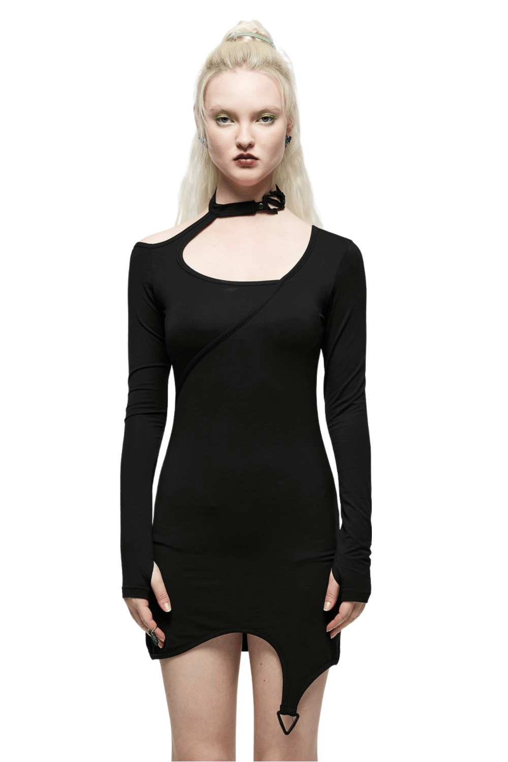 Black Asymmetric Cutout Party Dress with Buckle