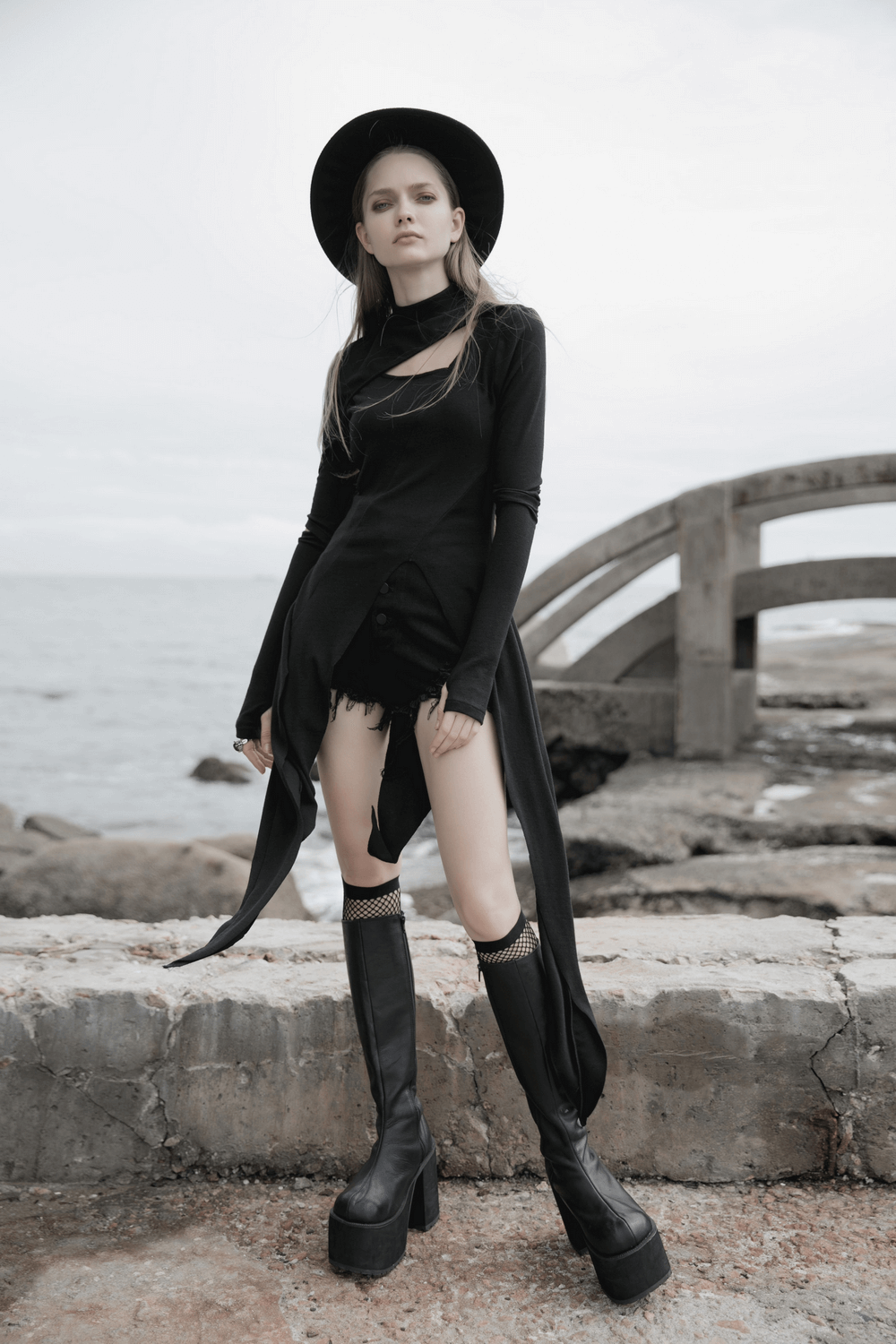 Black Asymmetric Knit Dress with Sleeve Cut-Outs