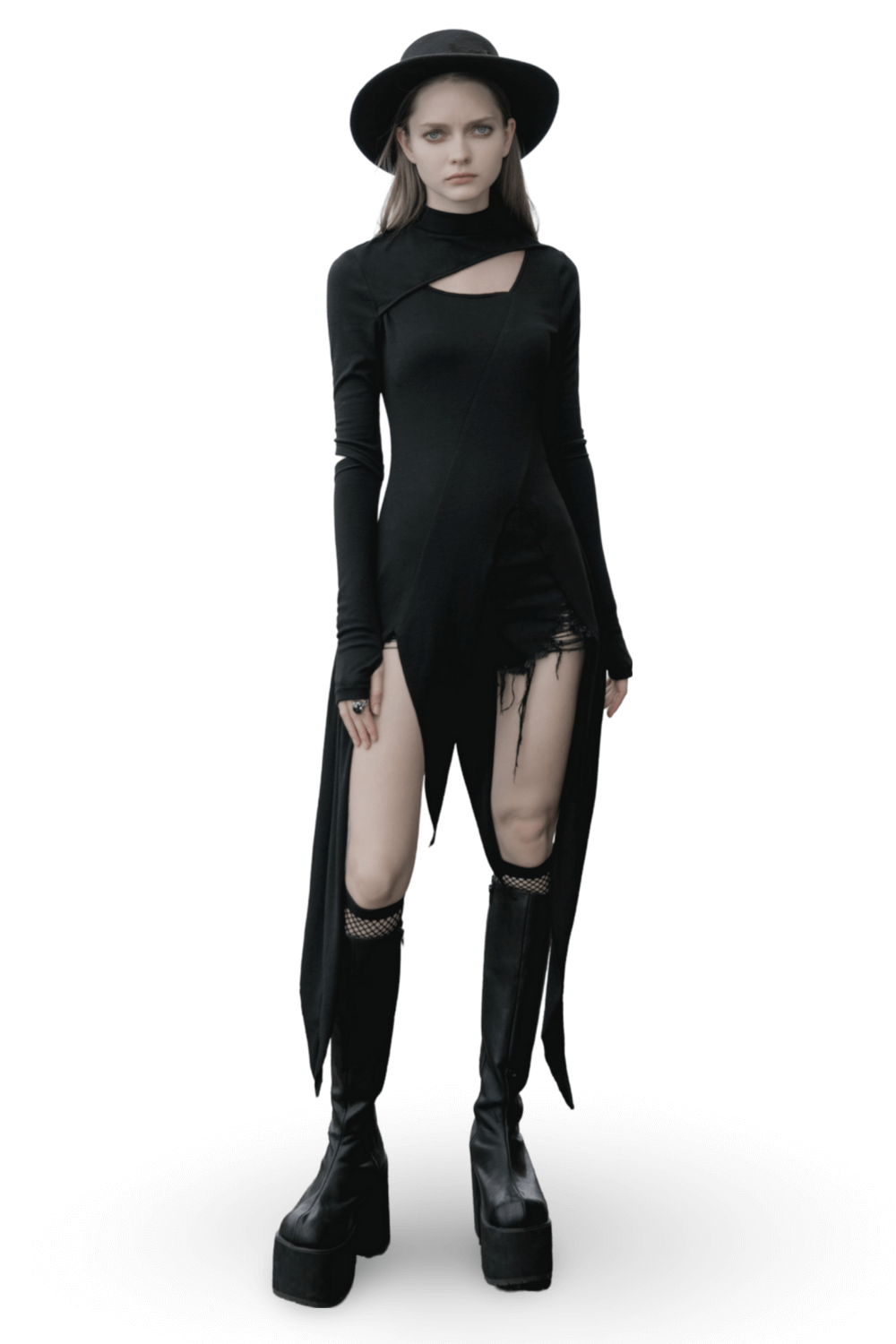 Model showcasing a chic black asymmetric knit dress with sleeve cut-outs and edgy details.