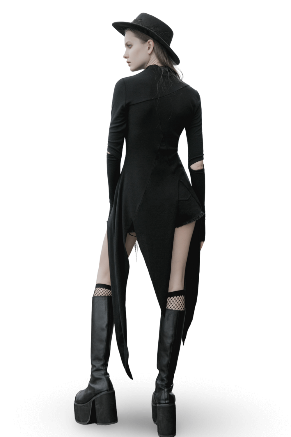 Back view of a chic black asymmetric knit dress with sleeve cut-outs, paired with a stylish hat and knee-high boots.