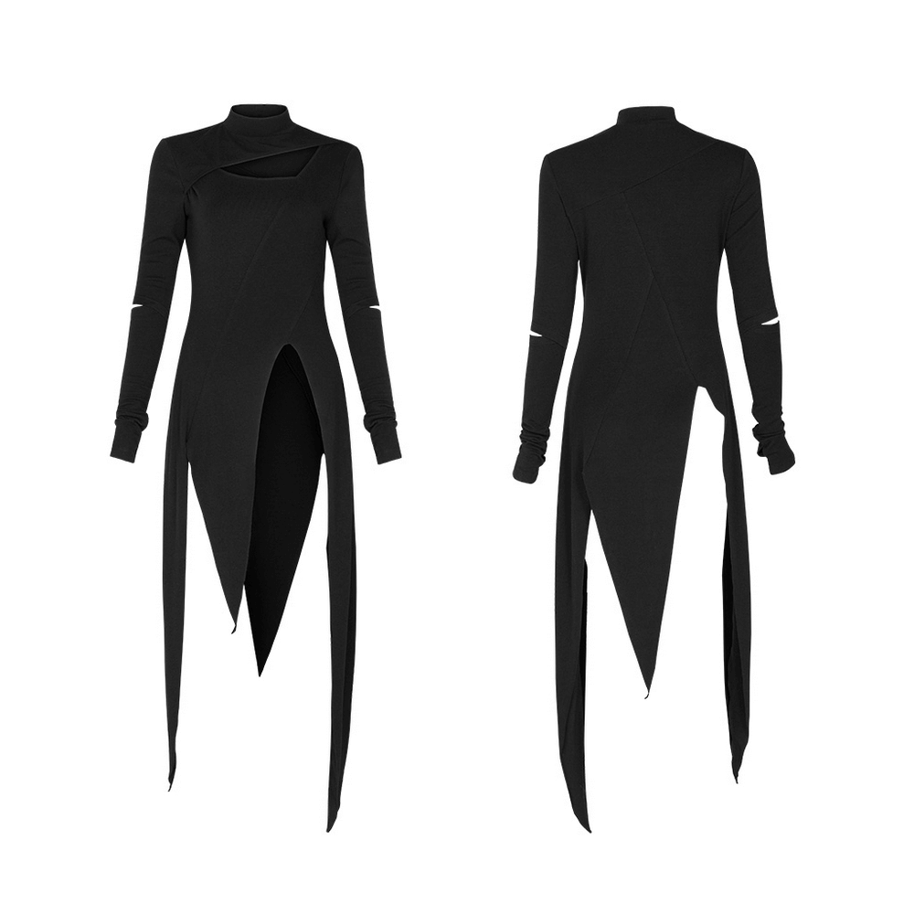 Black asymmetrical knit dress featuring sleeve cut-outs and a unique lower oblique hem for a chic, modern look.
