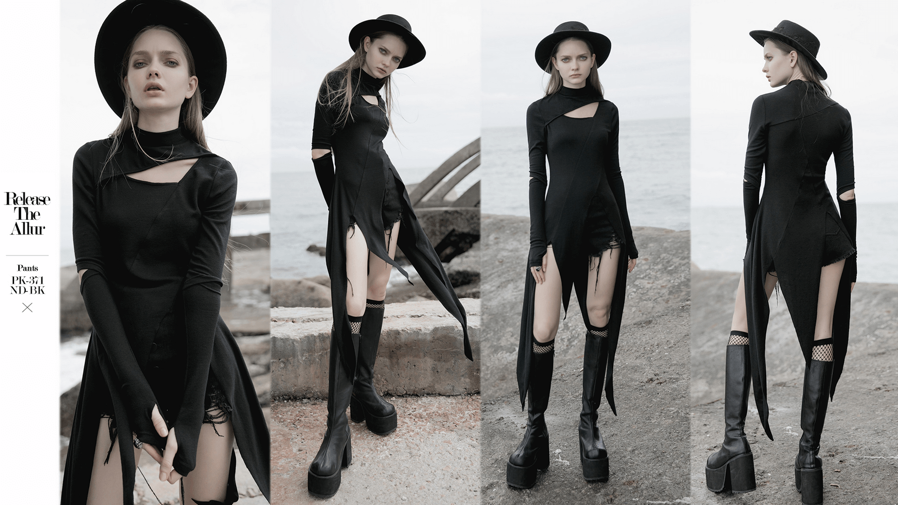 Black asymmetric knit dress with sleeve cut-outs, showcasing a chic and edgy look against a coastal backdrop.