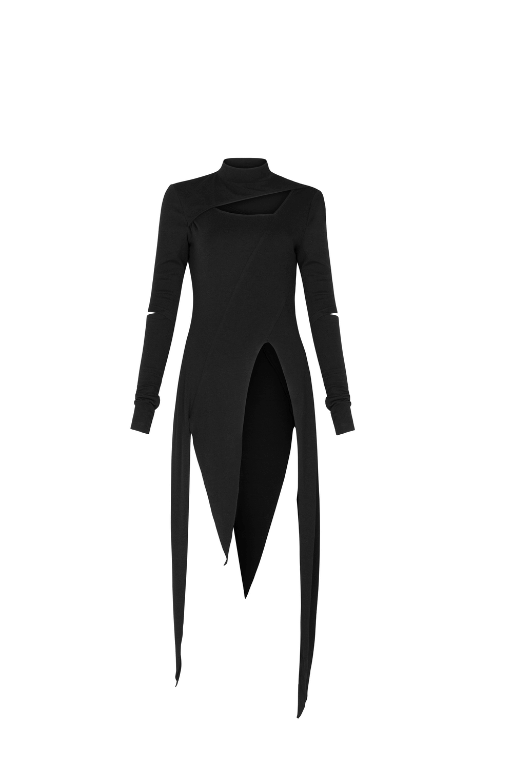 Chic black asymmetric knit dress with sleeve cut-outs and oblique hem for a stylish and modern look.