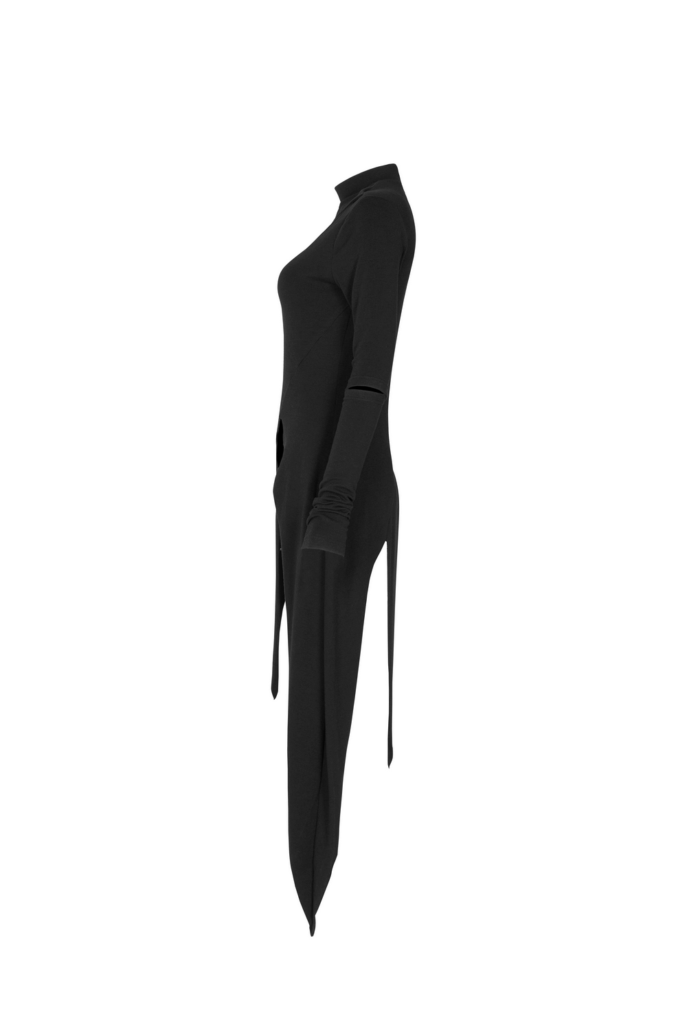 Side view of a black asymmetric knit dress with distinctive sleeve cut-outs and a dramatic lower hem.
