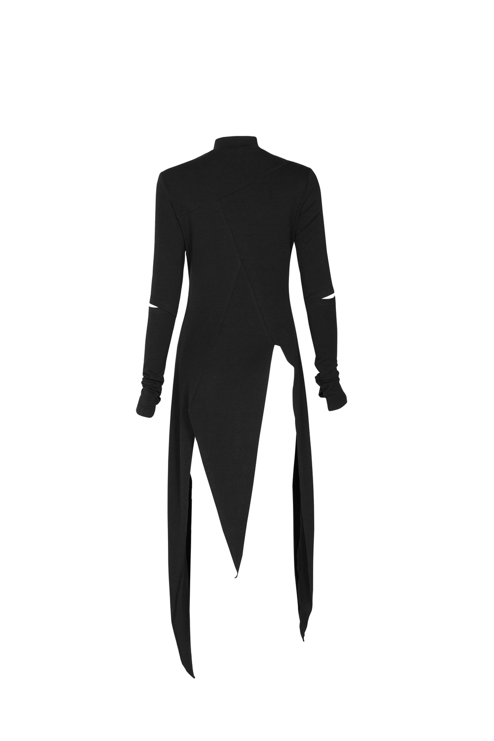 Stylish black asymmetric knit dress with sleeve cut-outs and a dramatic long back hem, showcasing modern fashion design.
