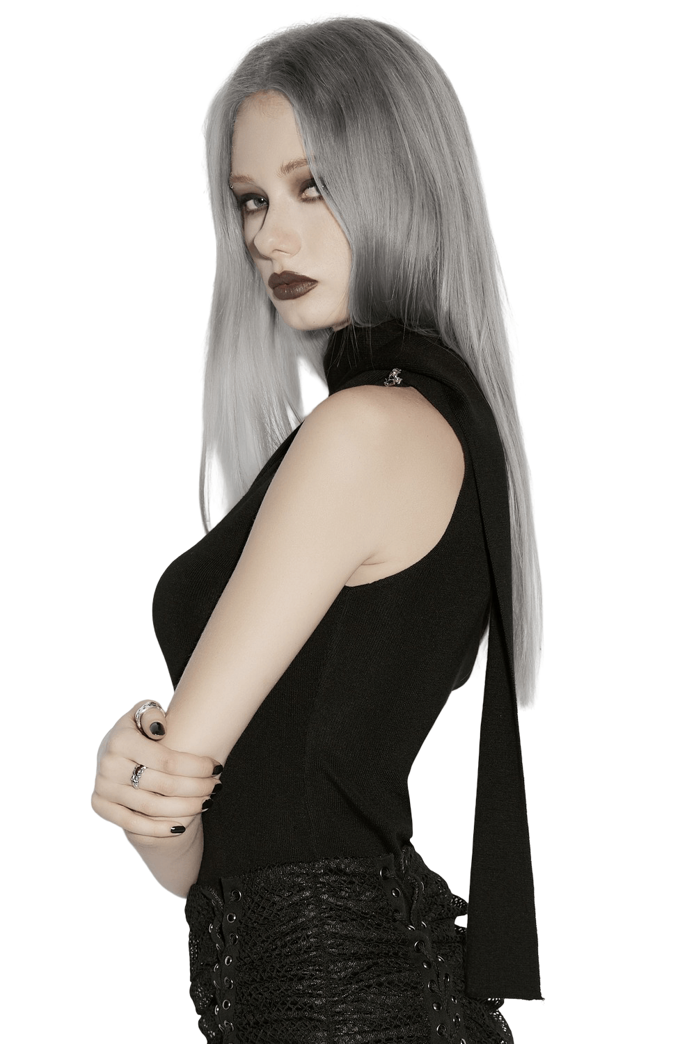 Black Asymmetric Knit Gothic Top with Metal Pins worn by a model with long grey hair.