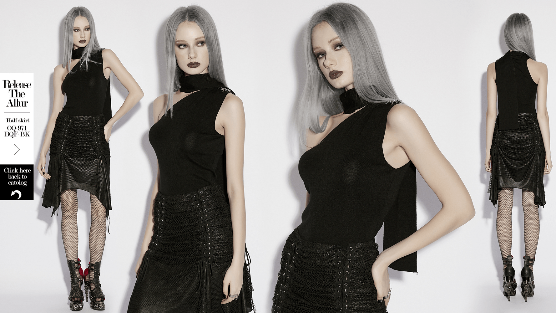 Black Asymmetric Knit Gothic Top with Metal Pins showcased in a stylish black outfit.