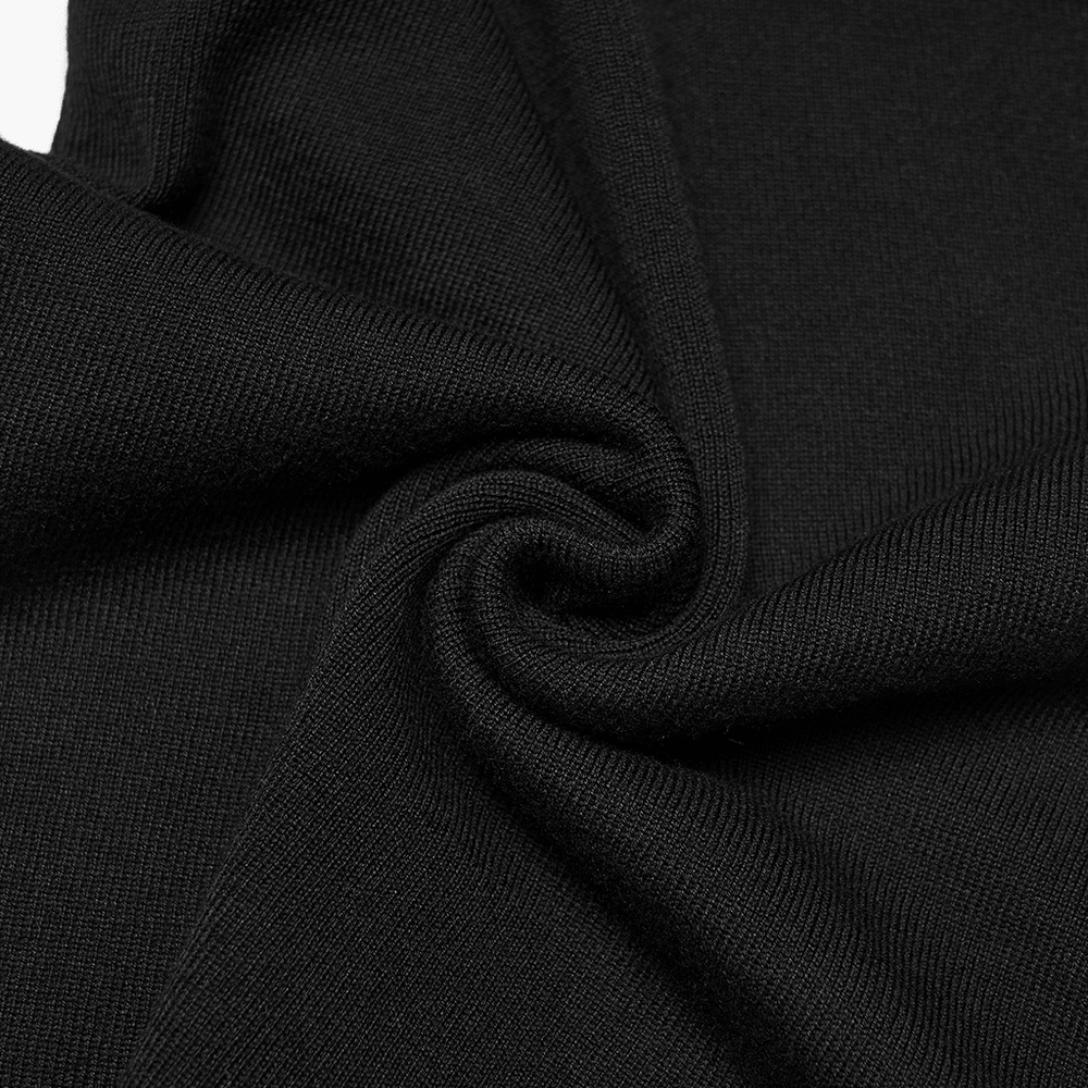 Black Asymmetric Knit Gothic Top with Metal Pins fabric close-up showcasing texture and quality.