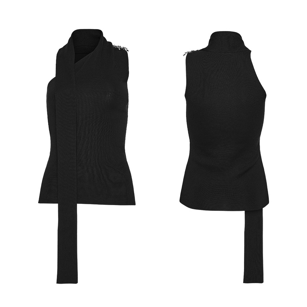 Black Asymmetric Knit Gothic Top with Metal Pins showcasing its unique design and modern style.