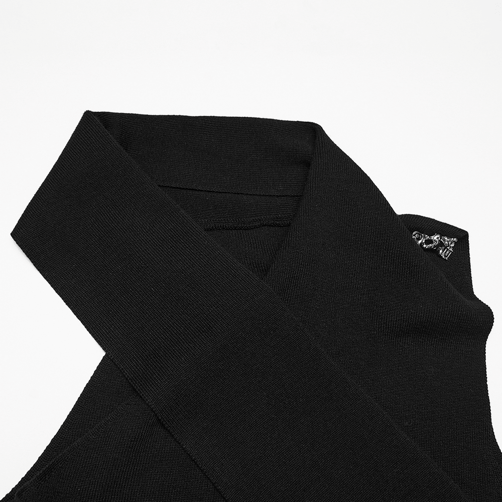 Black Asymmetric Knit Gothic Top with Metal Pins, showcasing intricate details and unique design.