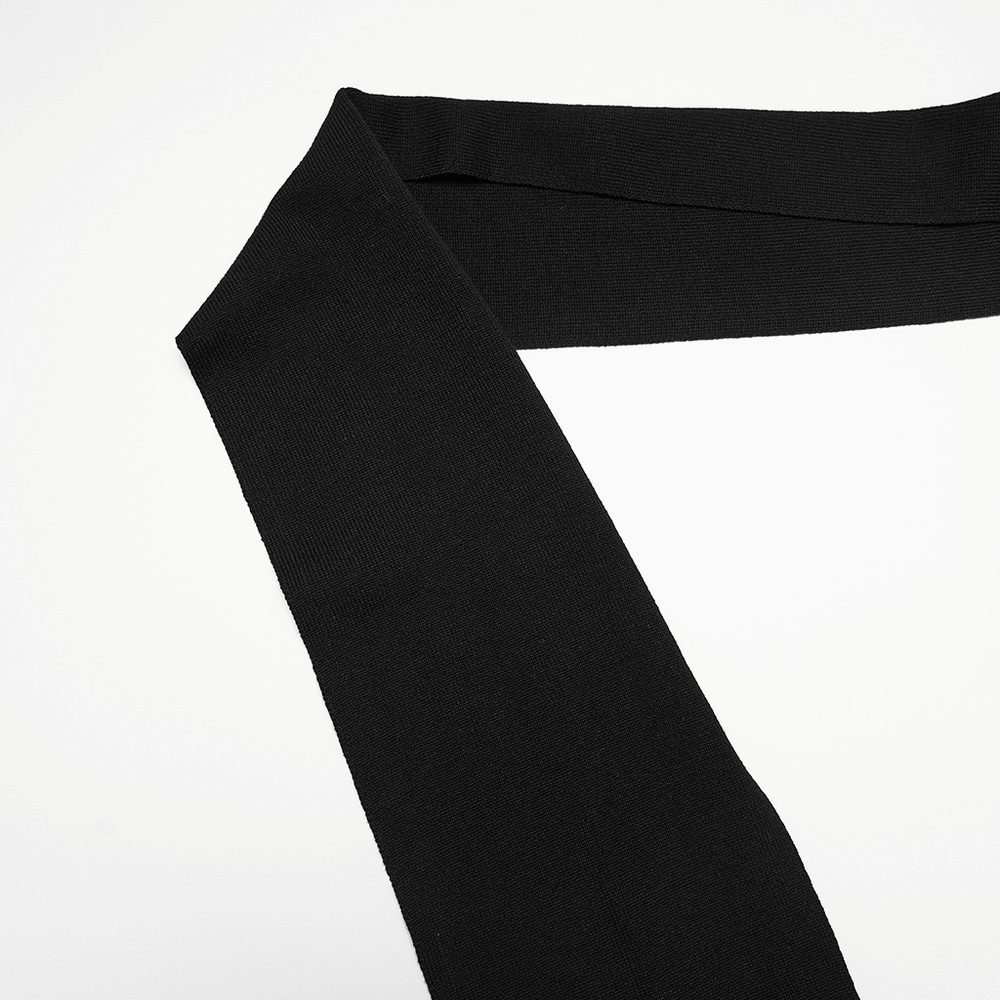 Black Asymmetric Knit Gothic Top with Metal Pins - close-up of black knit fabric detail