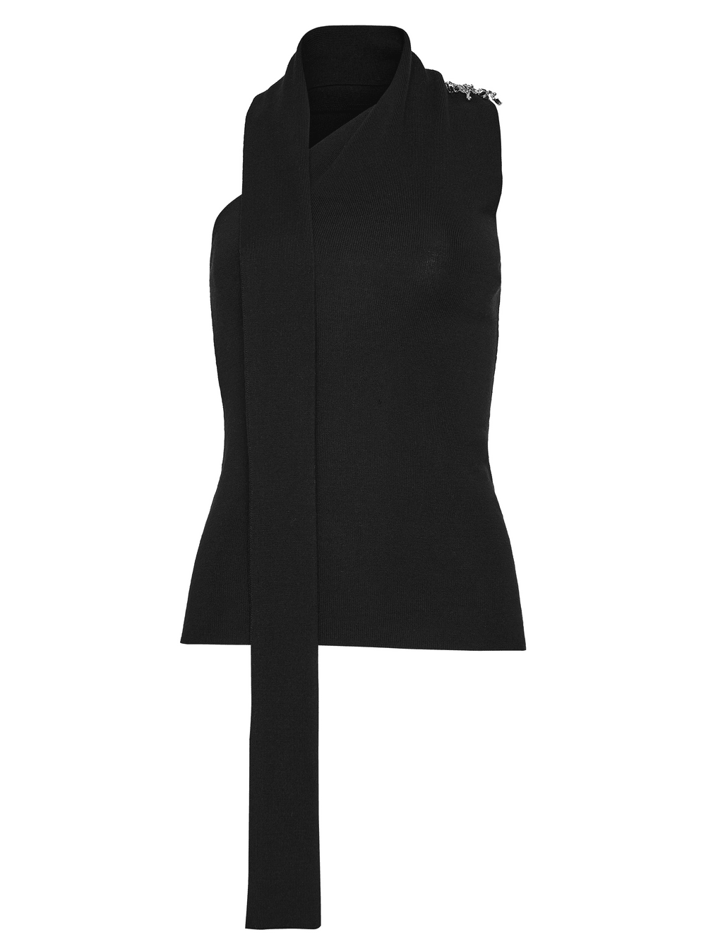 Black Asymmetric Knit Gothic Top with Metal Pins, stylish and edgy fashion piece.