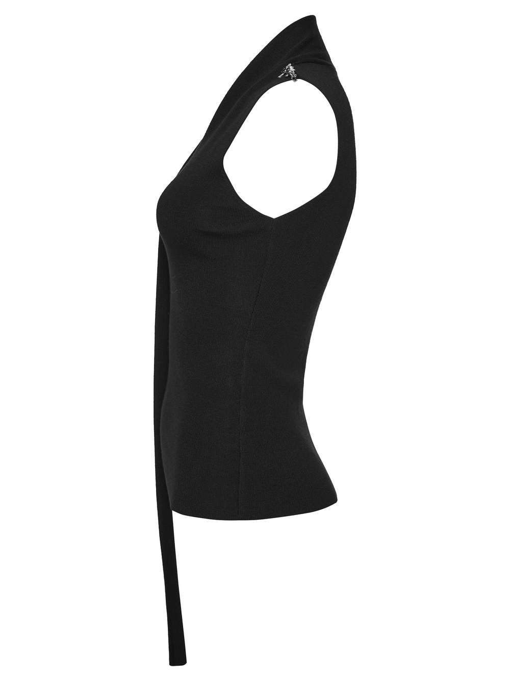 Black Asymmetric Knit Gothic Top with Metal Pins shown in a stylish side view.