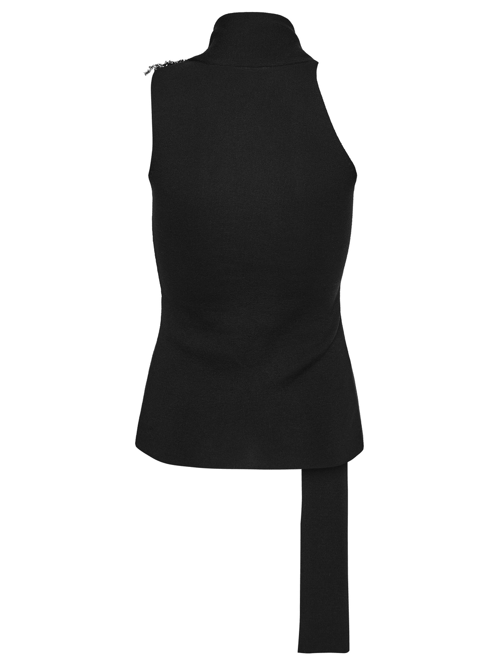 Black Asymmetric Knit Gothic Top with Metal Pins showcasing a unique design and stylish silhouette.