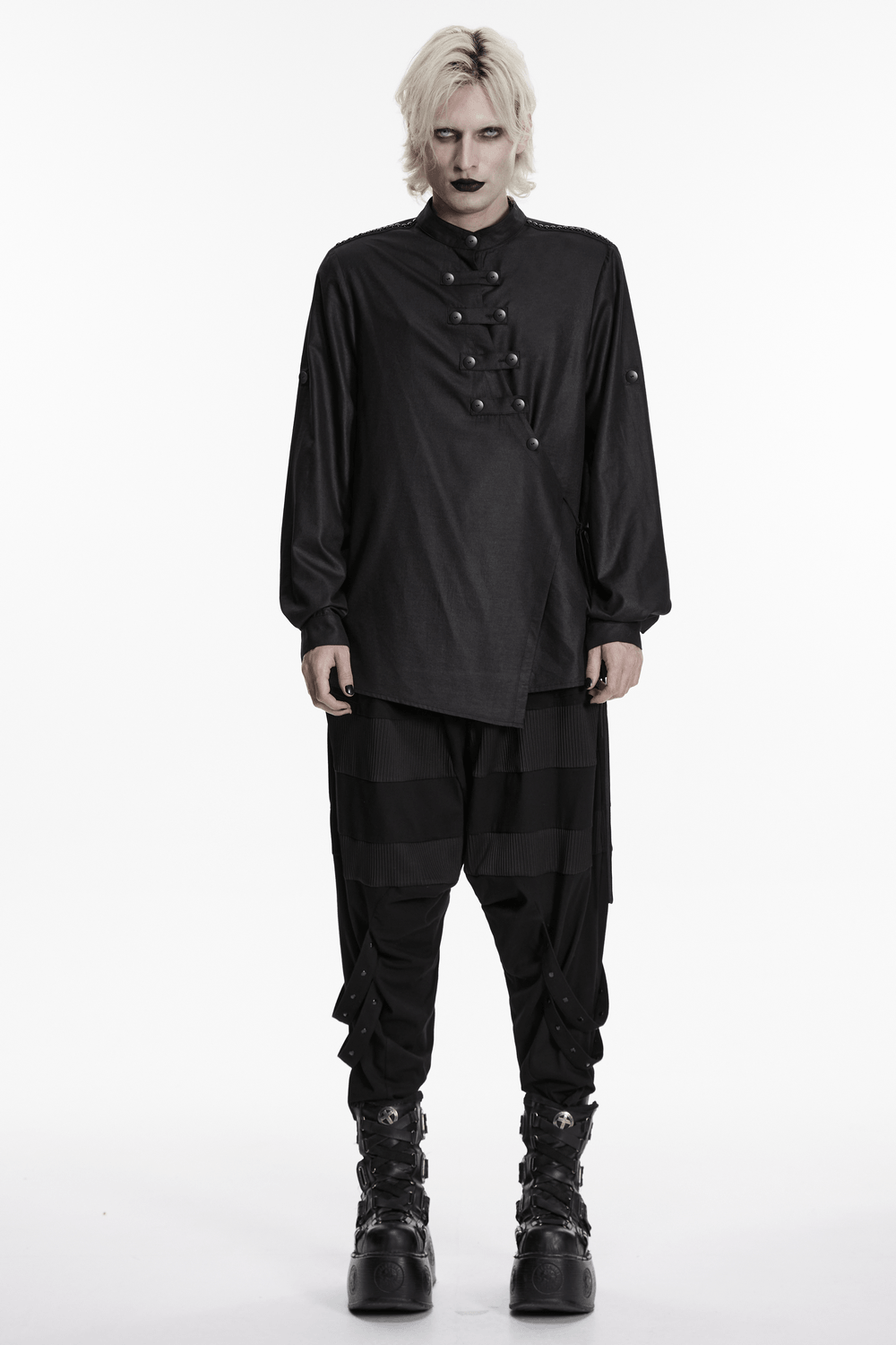 Black Asymmetric Punk Shirt with Hardware Straps worn by model, styled with dark pants and bold accessories.