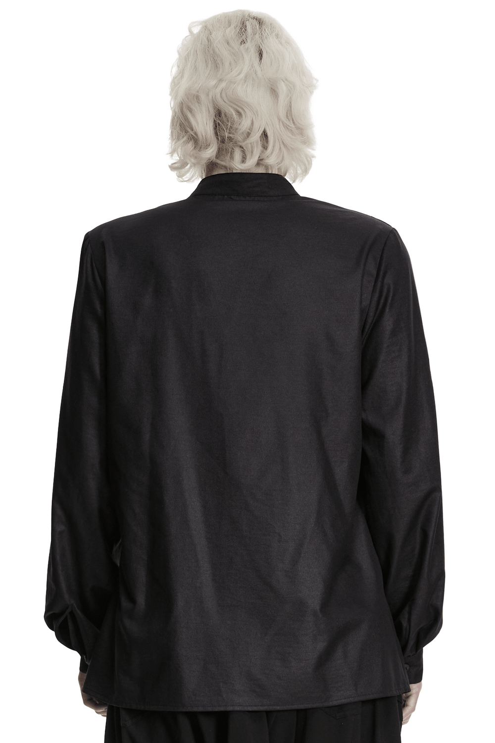 Back view of Black Asymmetric Punk Shirt with Hardware Straps, showcasing the sleek, dark design.