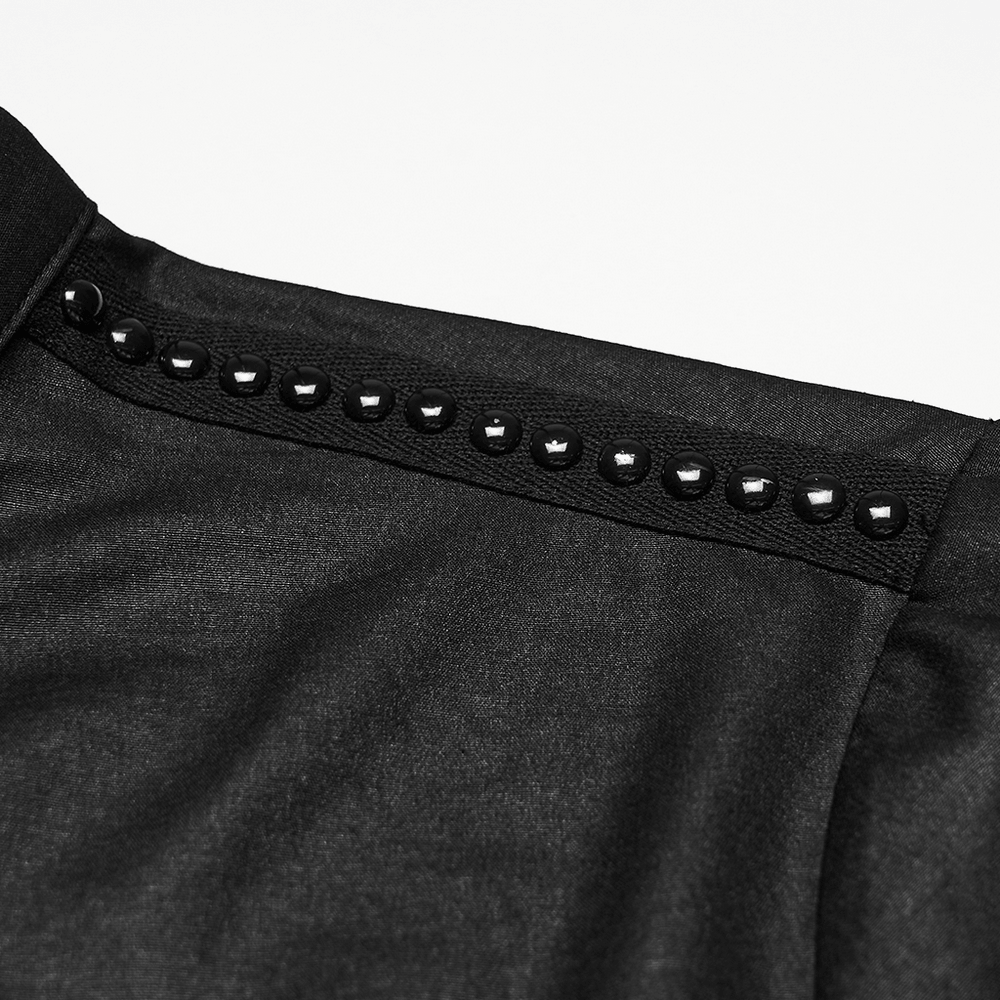 Close-up of shoulder rivets on the Black Asymmetric Punk Shirt with Hardware Straps.