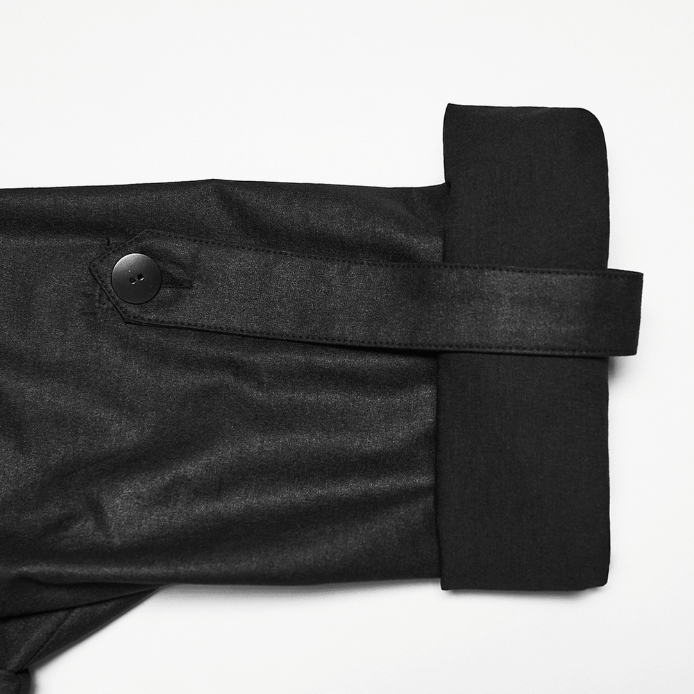 Black Asymmetric Punk Shirt with Hardware Straps cuff detail showing adjustable strap and button.