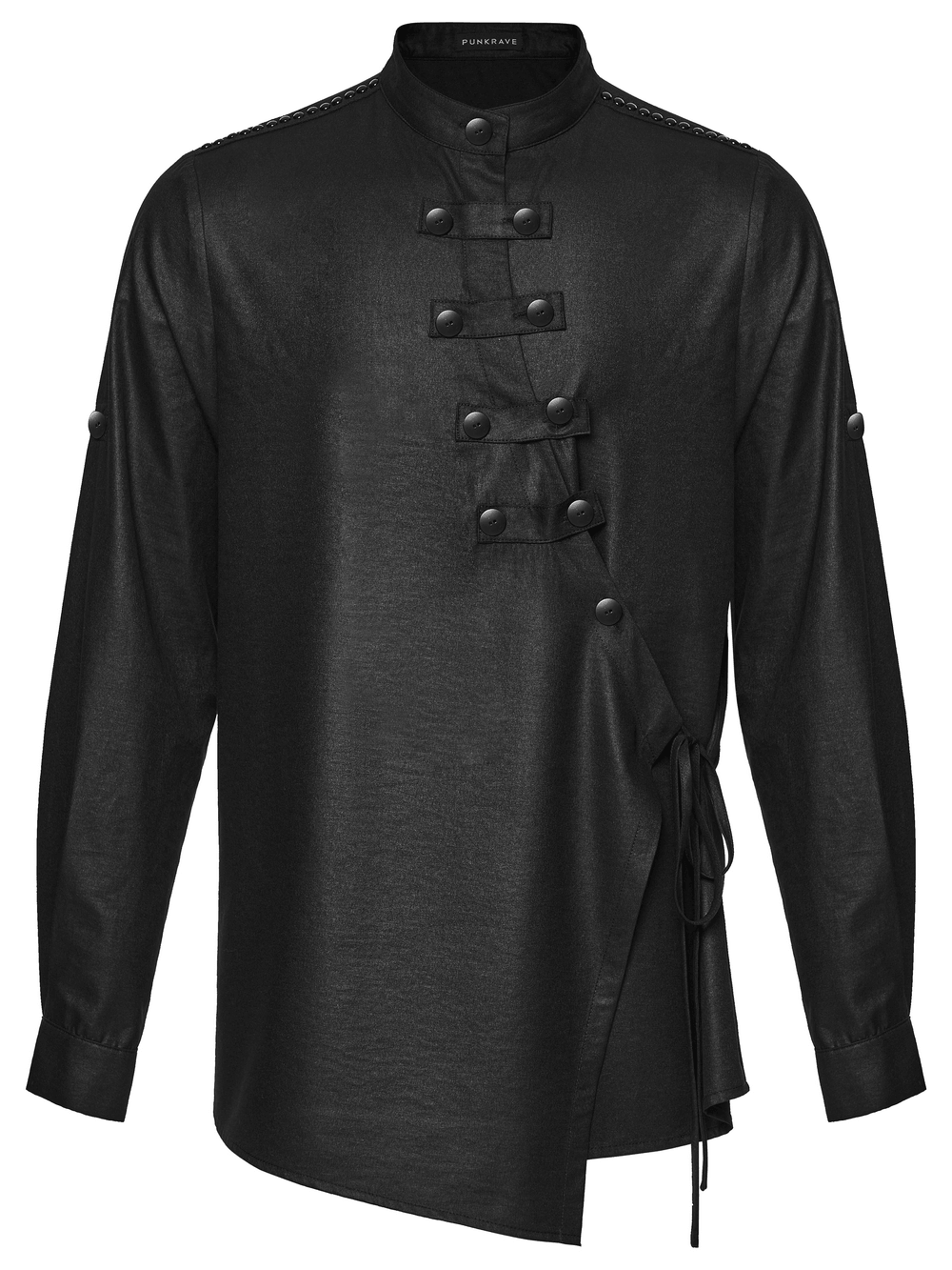 Black Asymmetric Punk Shirt with Hardware Straps showcasing a stylish, edgy design and decorative button details.
