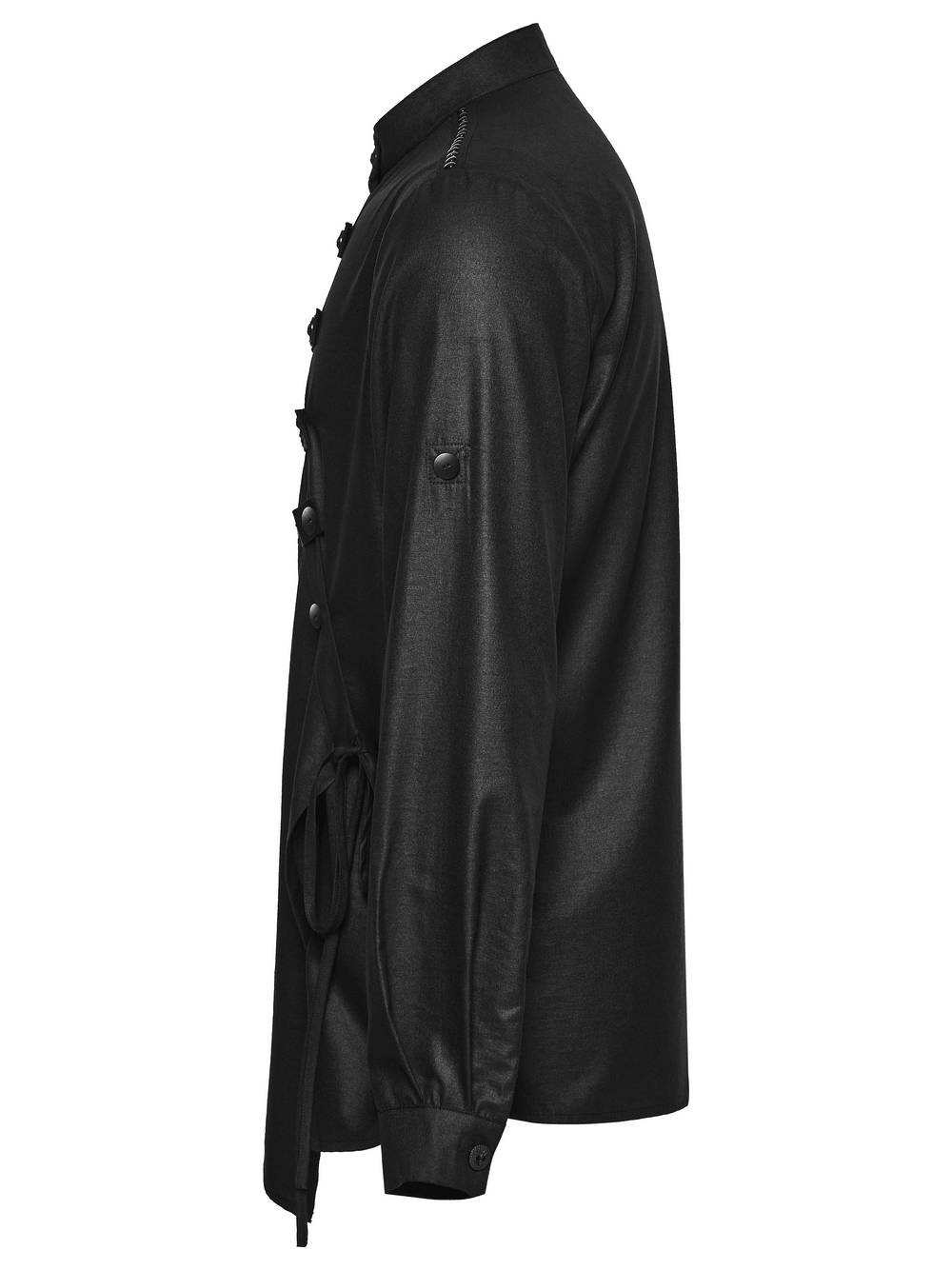 Black Asymmetric Punk Shirt with Hardware Straps side view showing rivets and adjustable cuff straps.