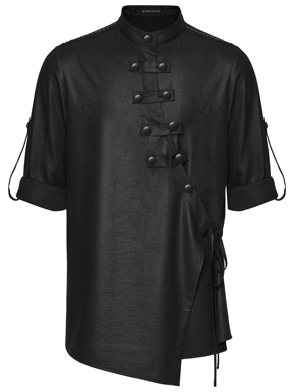 Black Asymmetric Punk Shirt with Hardware Straps featuring rivets, side tie placket, and decorative straps for a bold look.